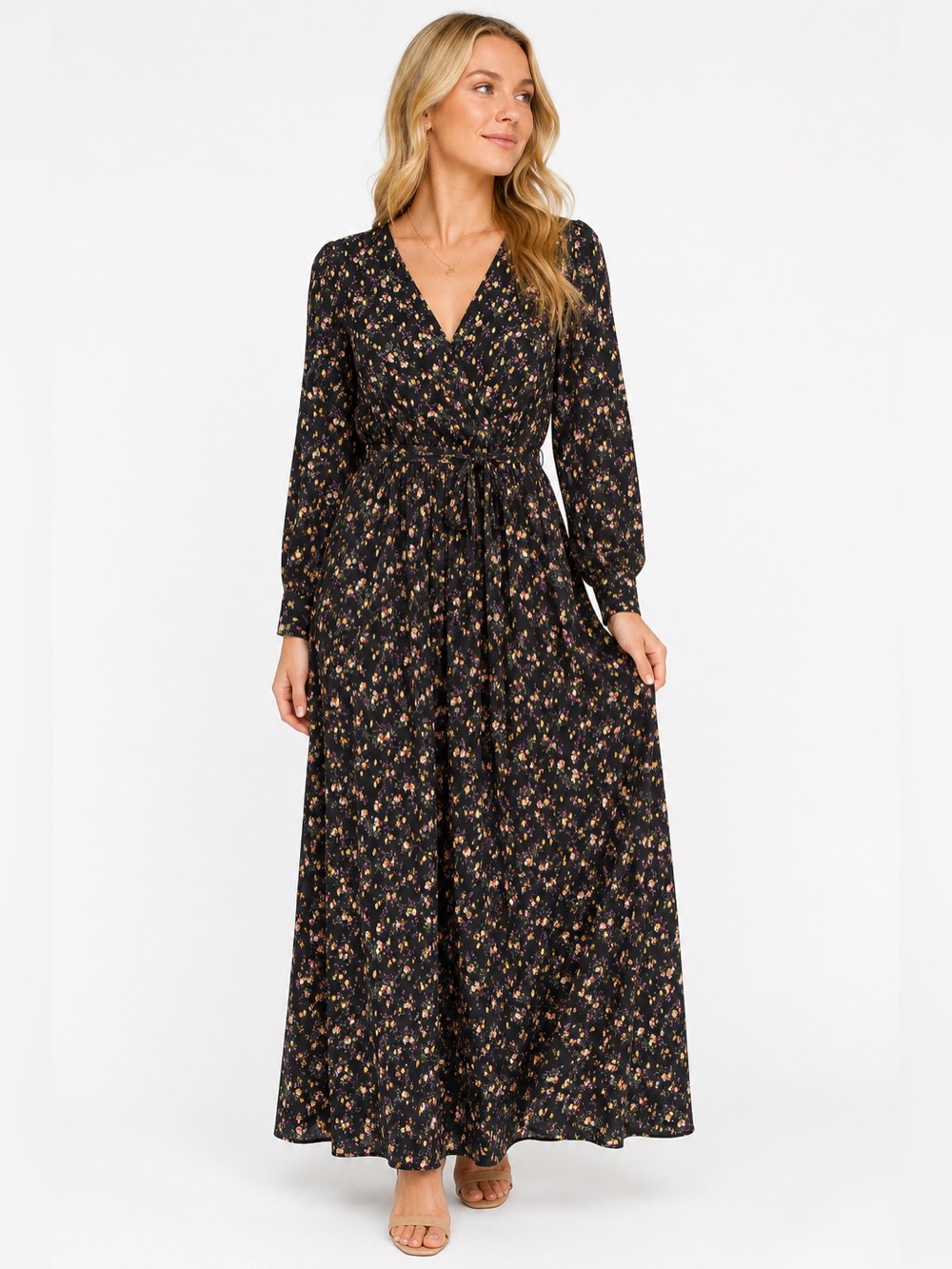 Black Floral Wrap Maxi Dress with Tie Waist